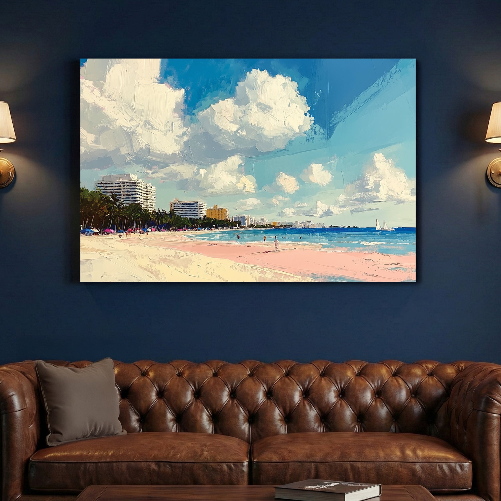 Miami Tropical Beach Palm Trees Coastal Painting canvas wall art print above a sofa in a contemporary living room
