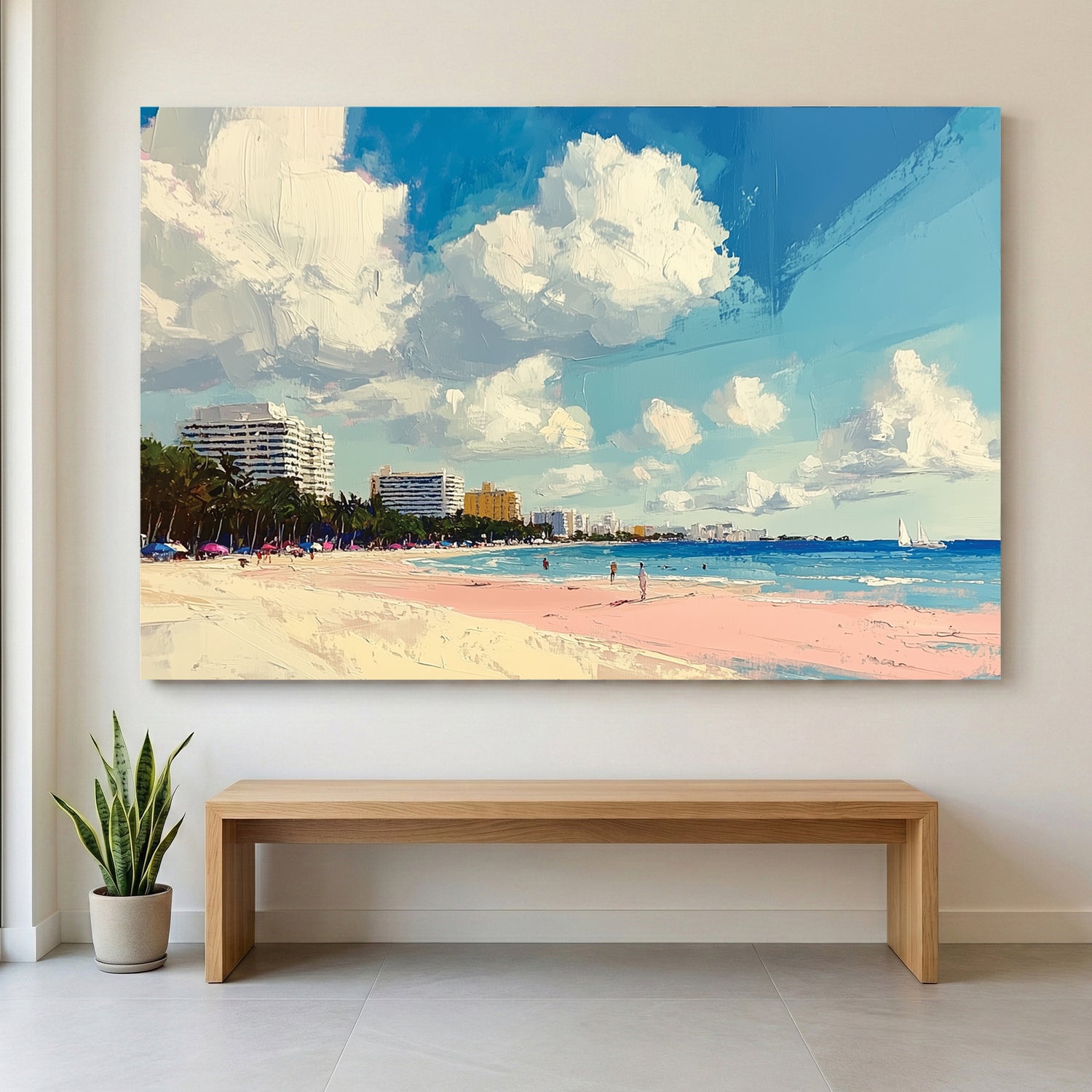 Miami Tropical Beach Palm Trees Coastal Painting canvas wall art print displayed in a styled living room
