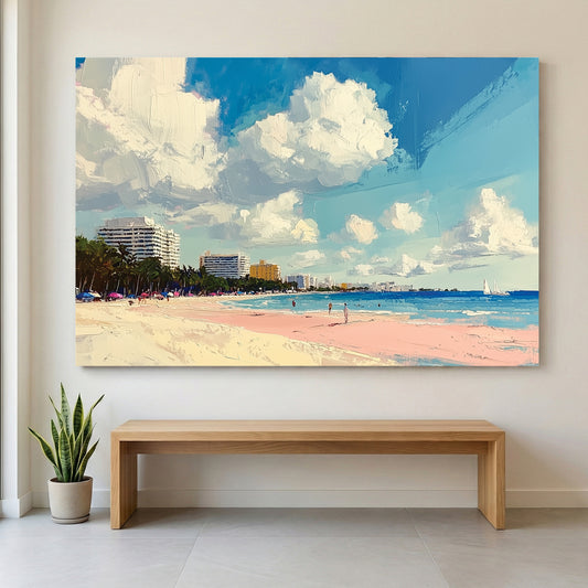 Miami Tropical Beach Palm Trees Coastal Painting canvas wall art print displayed in a styled living room