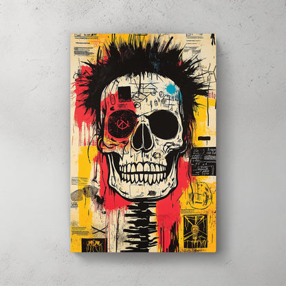 Punk skull with red, yellow, black mohawk-style hair, single red eye, graffiti tags, yellow and red background — canvas wall art print