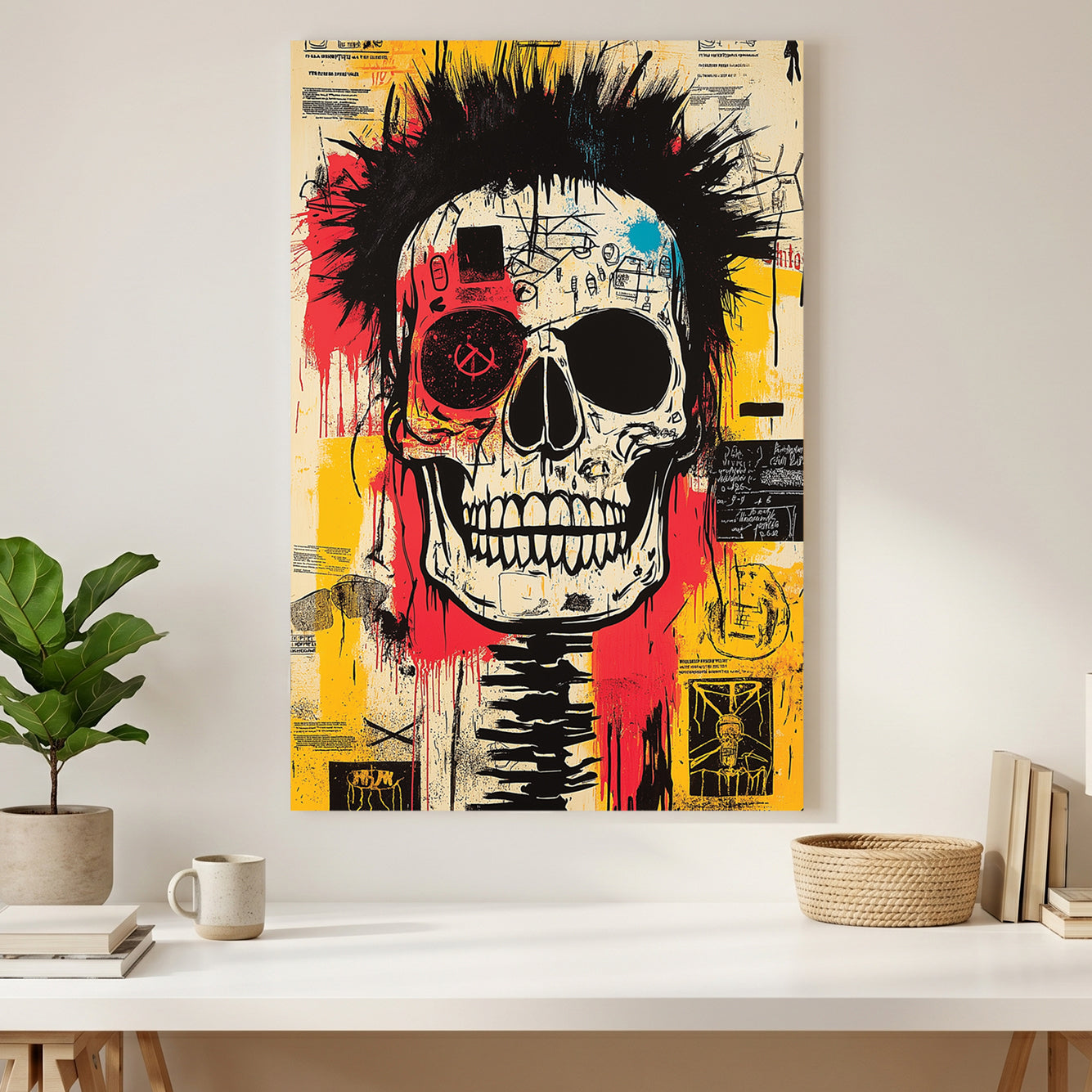 Punk Skull Graffiti Pop Art canvas wall art print styled in a modern interior