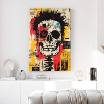 Punk Skull Graffiti Pop Art canvas wall art print above a sofa in a contemporary living room