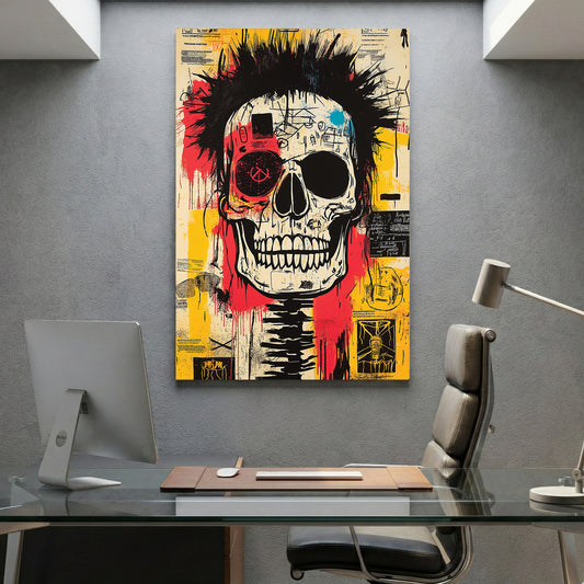 Punk Skull Graffiti Pop Art canvas wall art print displayed in a styled living room