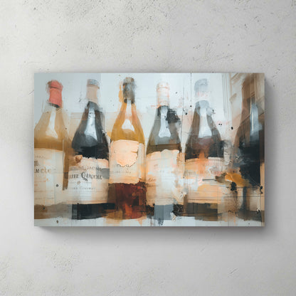 Vintage wine bottles abstract, painterly, neutral tones, faded labels — canvas wall art print