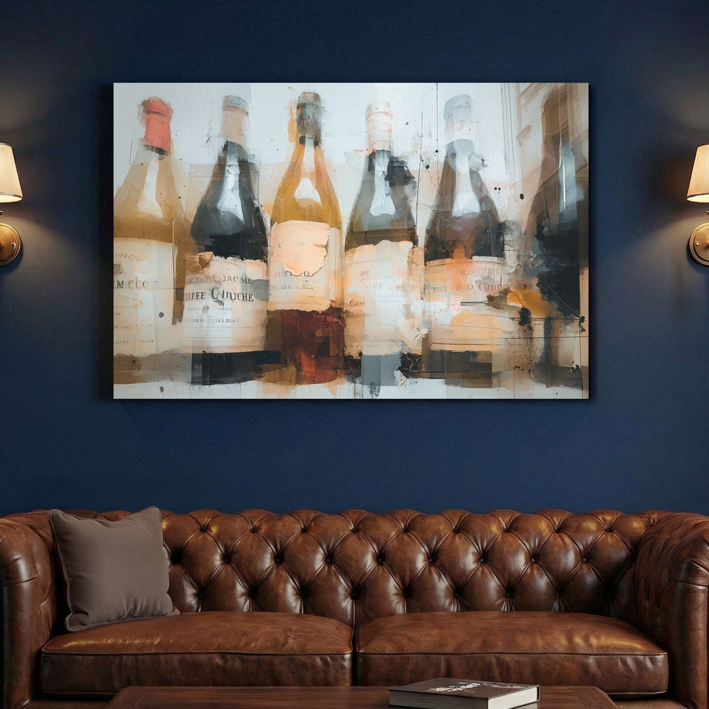 Vintage Wine Bottles Abstract Painting canvas wall art print above a sofa in a contemporary living room