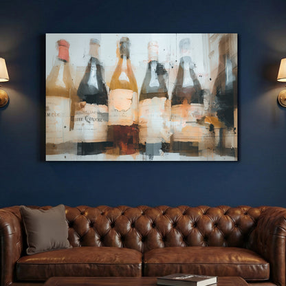 Vintage Wine Bottles Abstract Painting canvas wall art print above a sofa in a contemporary living room