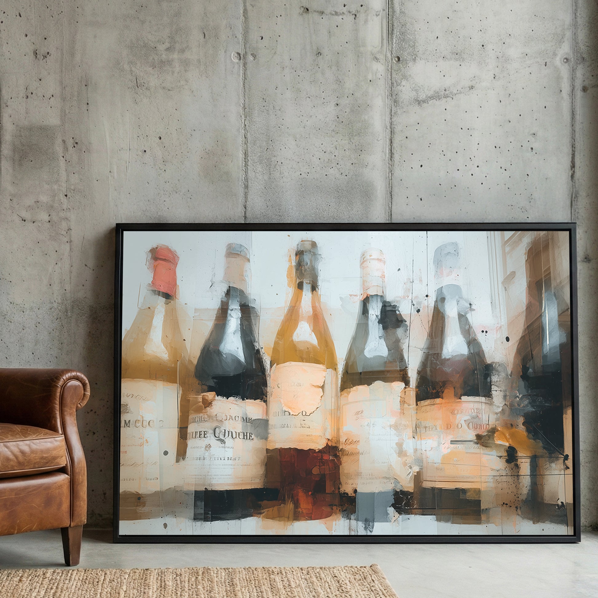Vintage Wine Bottles Abstract Painting framed canvas wall art print in a gallery-style display
