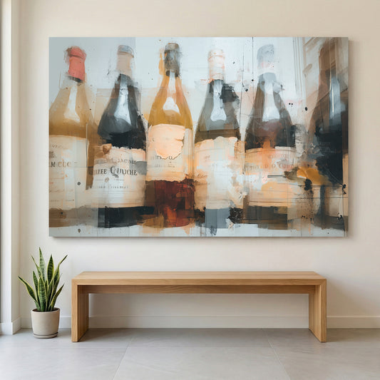 Vintage Wine Bottles Abstract Painting canvas wall art print displayed in a styled living room