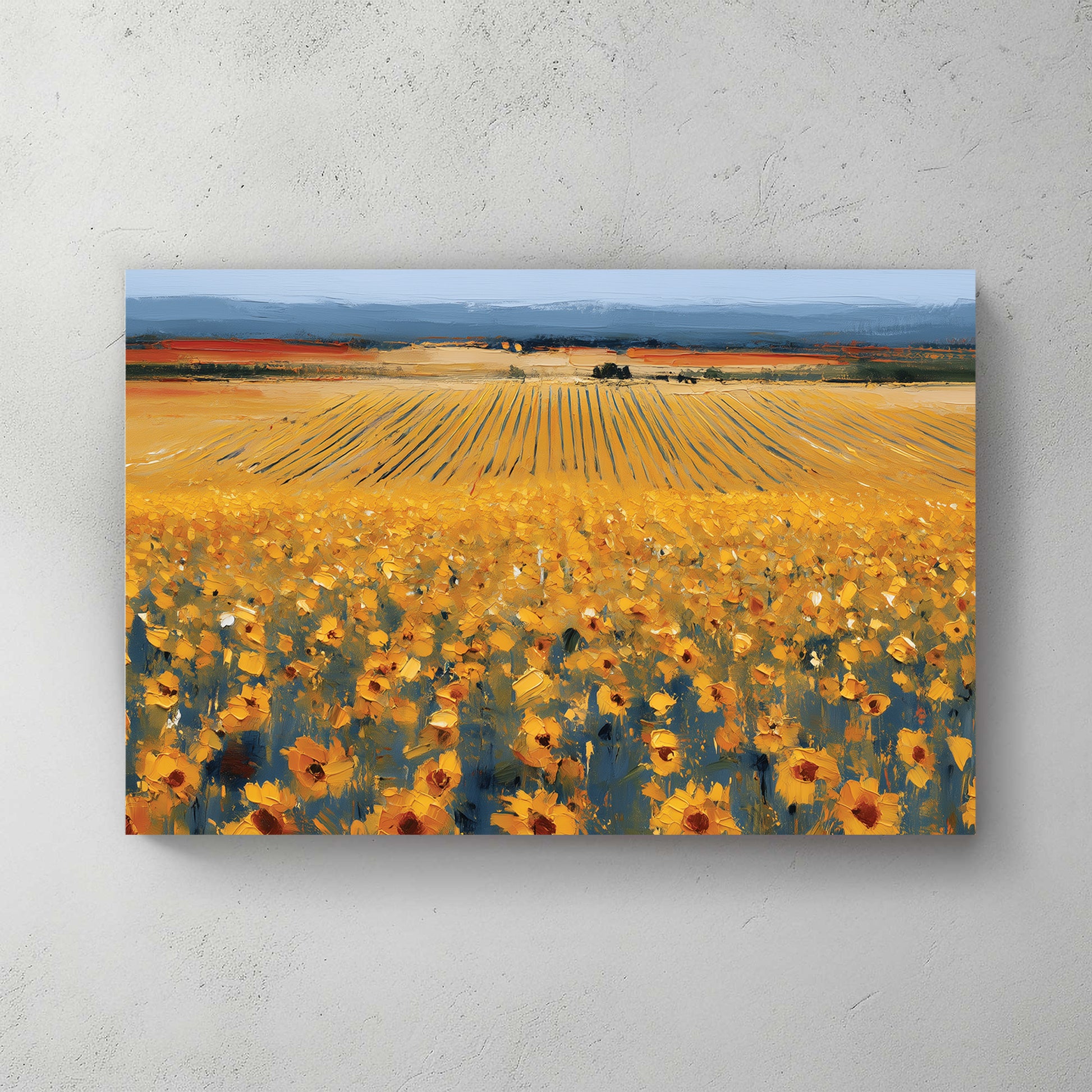 Tuscan sunflower field oil painting, rolling fields with rows, distant blue mountains, golden yellow flowers in foreground — canvas wall art print