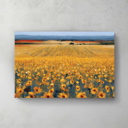 Tuscan sunflower field oil painting, rolling fields with rows, distant blue mountains, golden yellow flowers in foreground — canvas wall art print