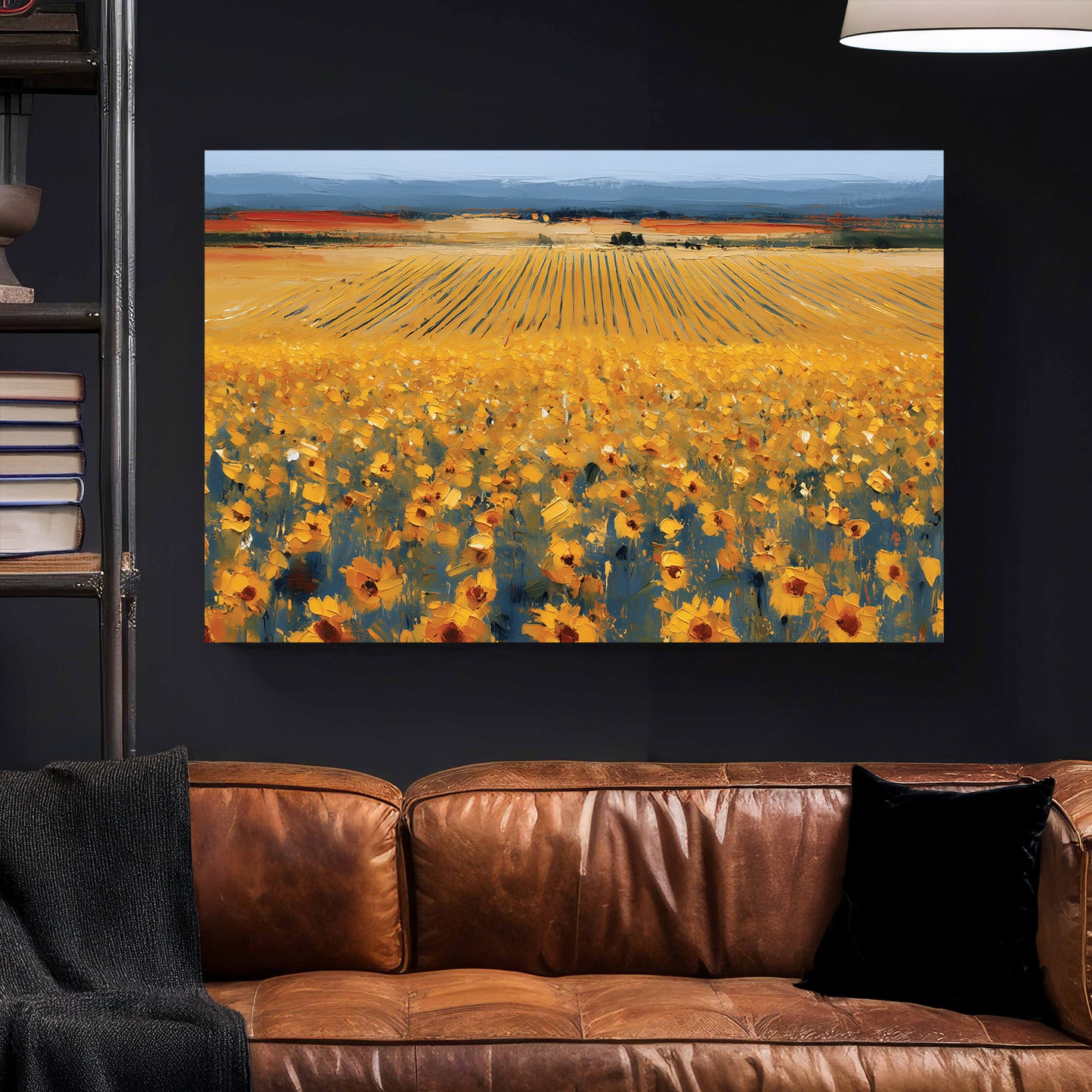 Tuscan Sunflower Field Oil Painting canvas wall art print styled in a modern interior