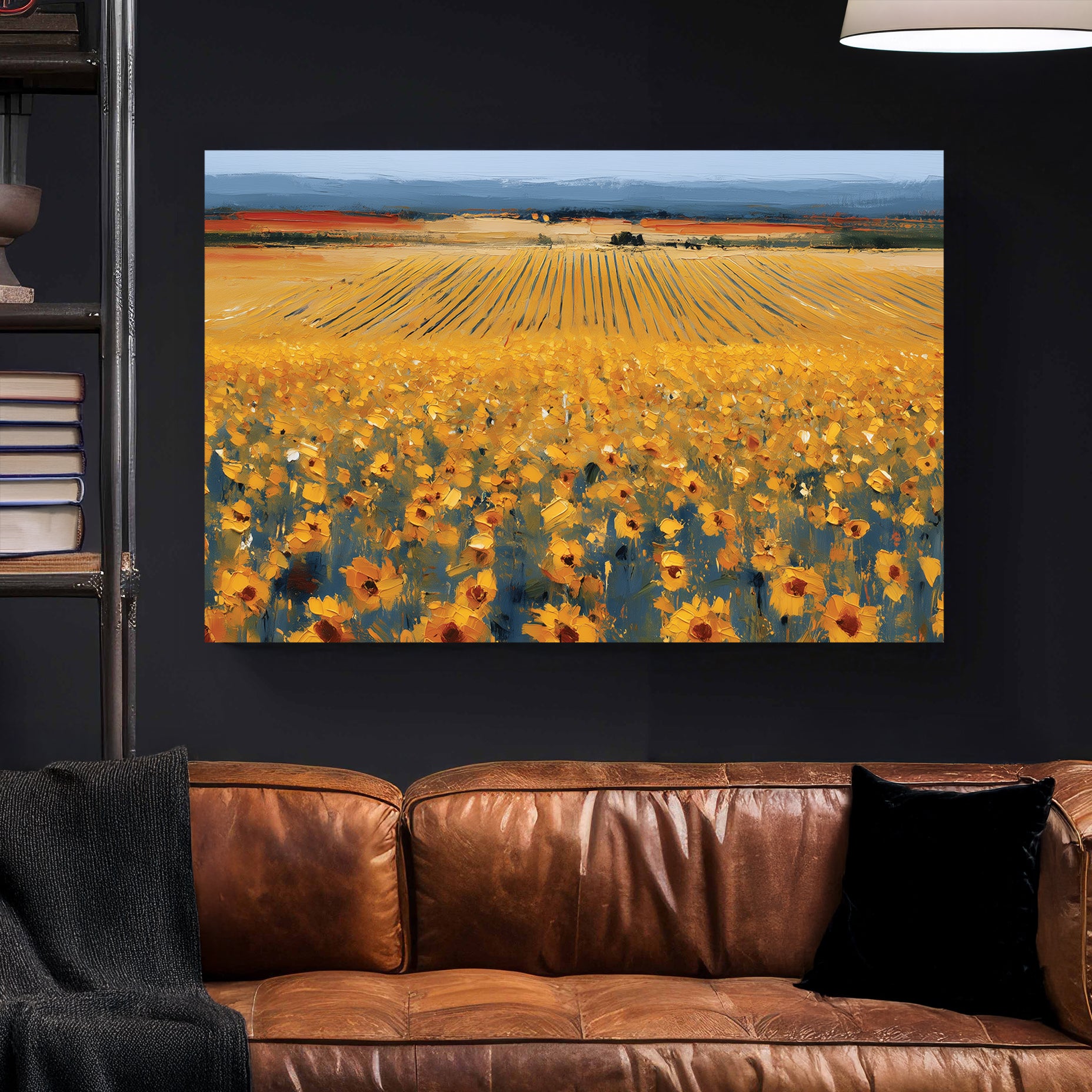 Tuscan Sunflower Field Oil Painting canvas wall art print styled in a modern interior