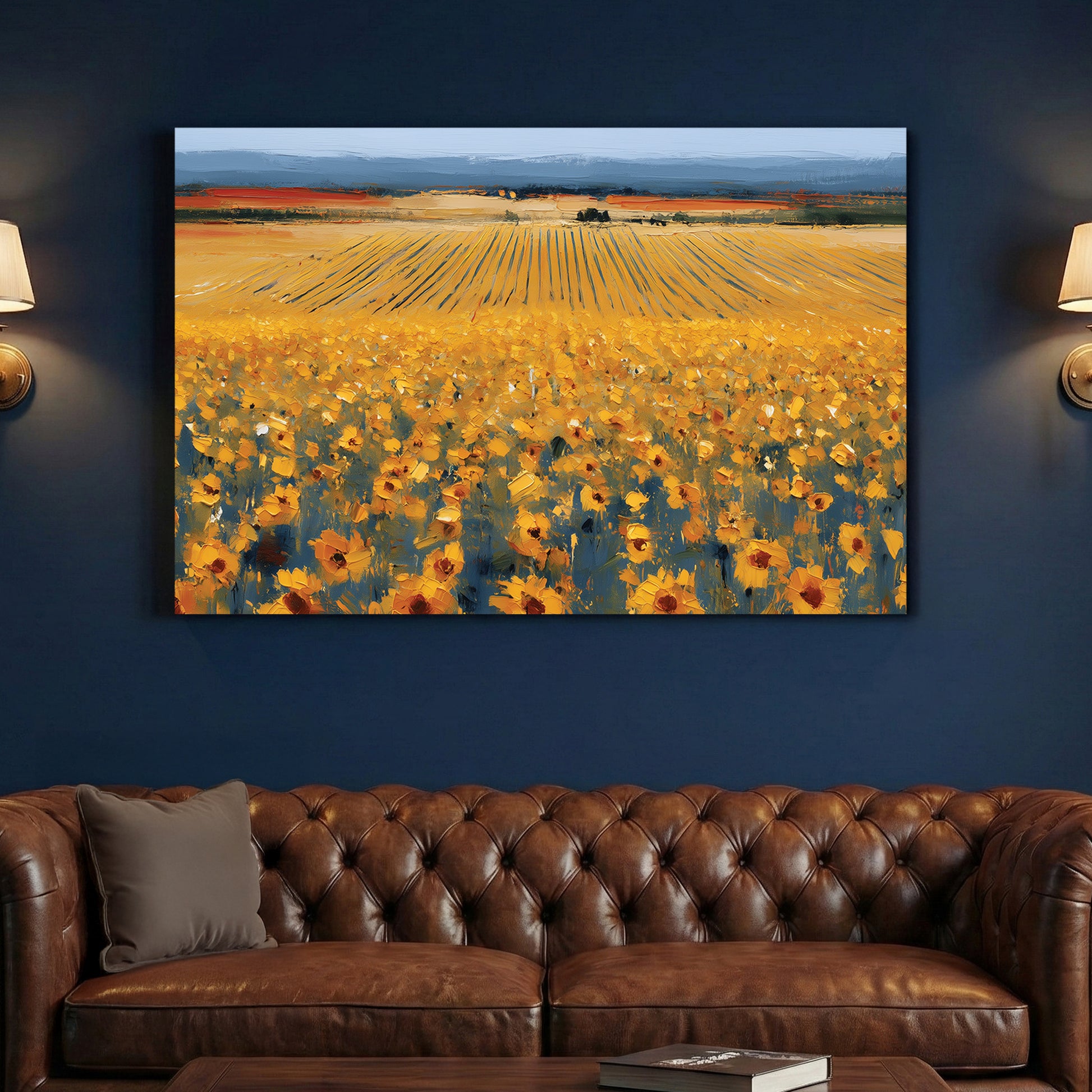 Tuscan Sunflower Field Oil Painting canvas wall art print above a sofa in a contemporary living room