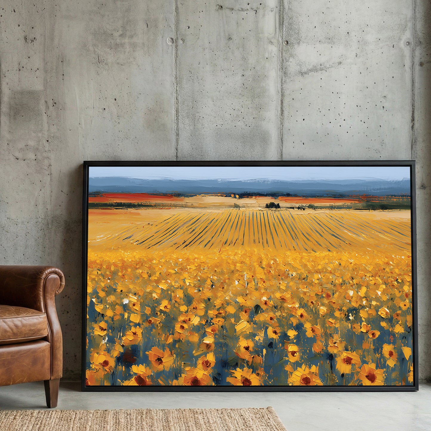 Tuscan Sunflower Field Oil Painting framed canvas wall art print in a gallery-style display