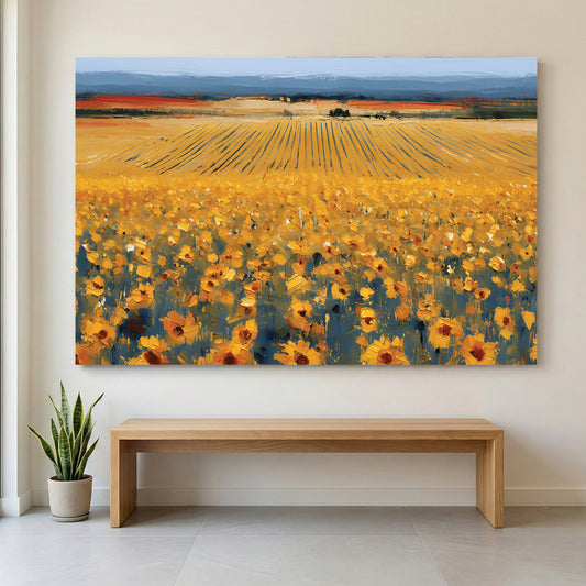 Tuscan Sunflower Field Oil Painting canvas wall art print displayed in a styled living room