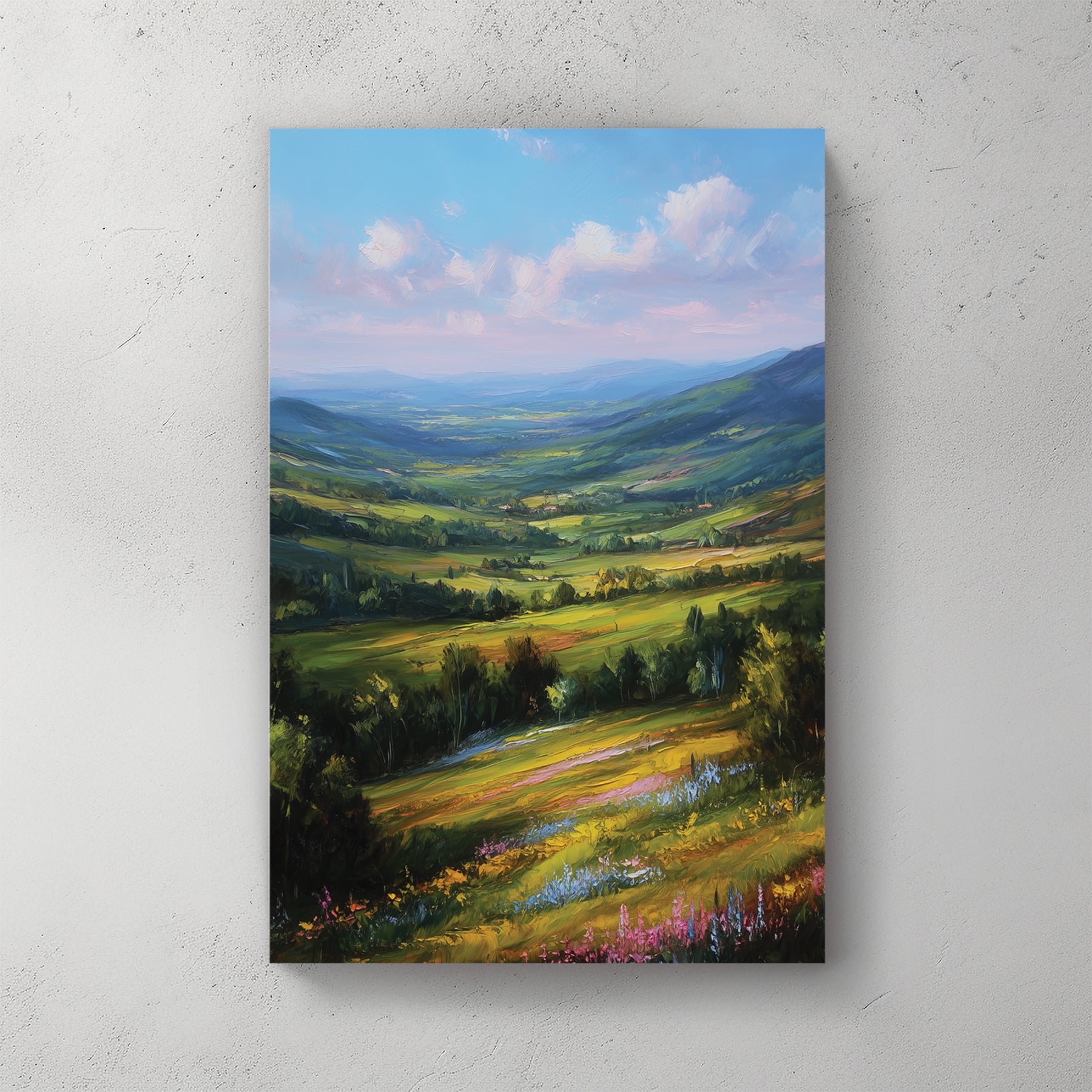 Green rolling hills with wildflower meadow foreground, distant mountains, soft cloudy blue sky, oil painting style, pink yellow flowers — canvas wall art print