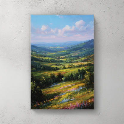 Green rolling hills with wildflower meadow foreground, distant mountains, soft cloudy blue sky, oil painting style, pink yellow flowers — canvas wall art print