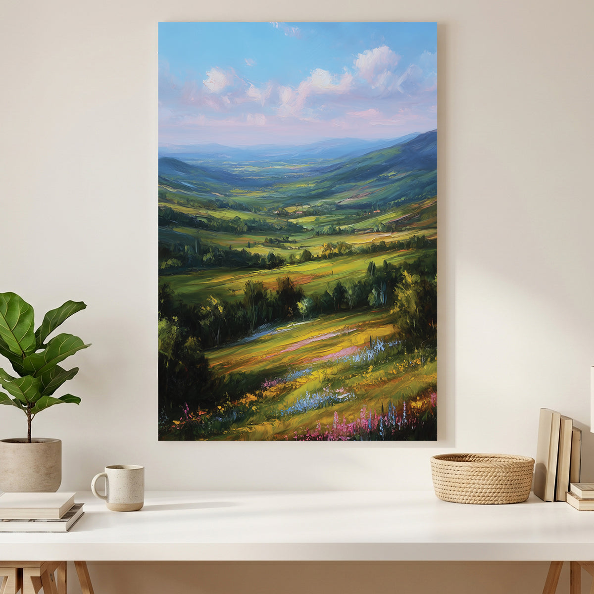 Green Rolling Hills Wildflower Meadow Painting canvas wall art print styled in a modern interior