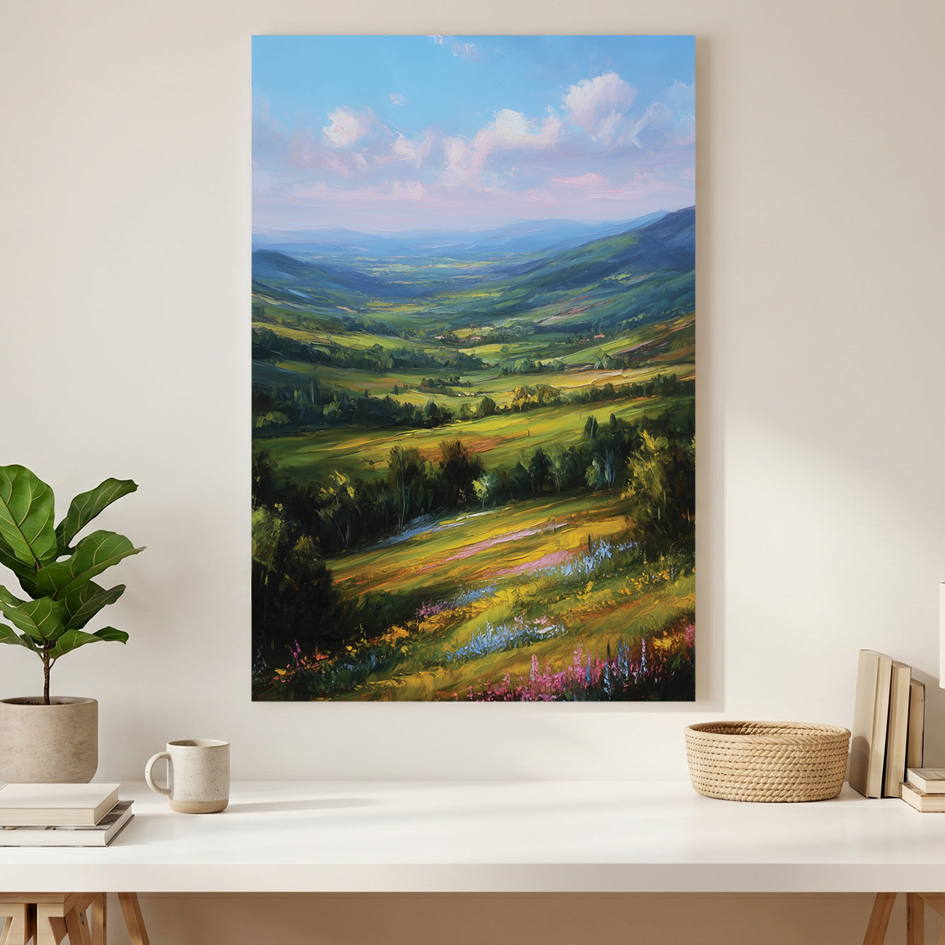 Green Rolling Hills Wildflower Meadow Painting canvas wall art print styled in a modern interior