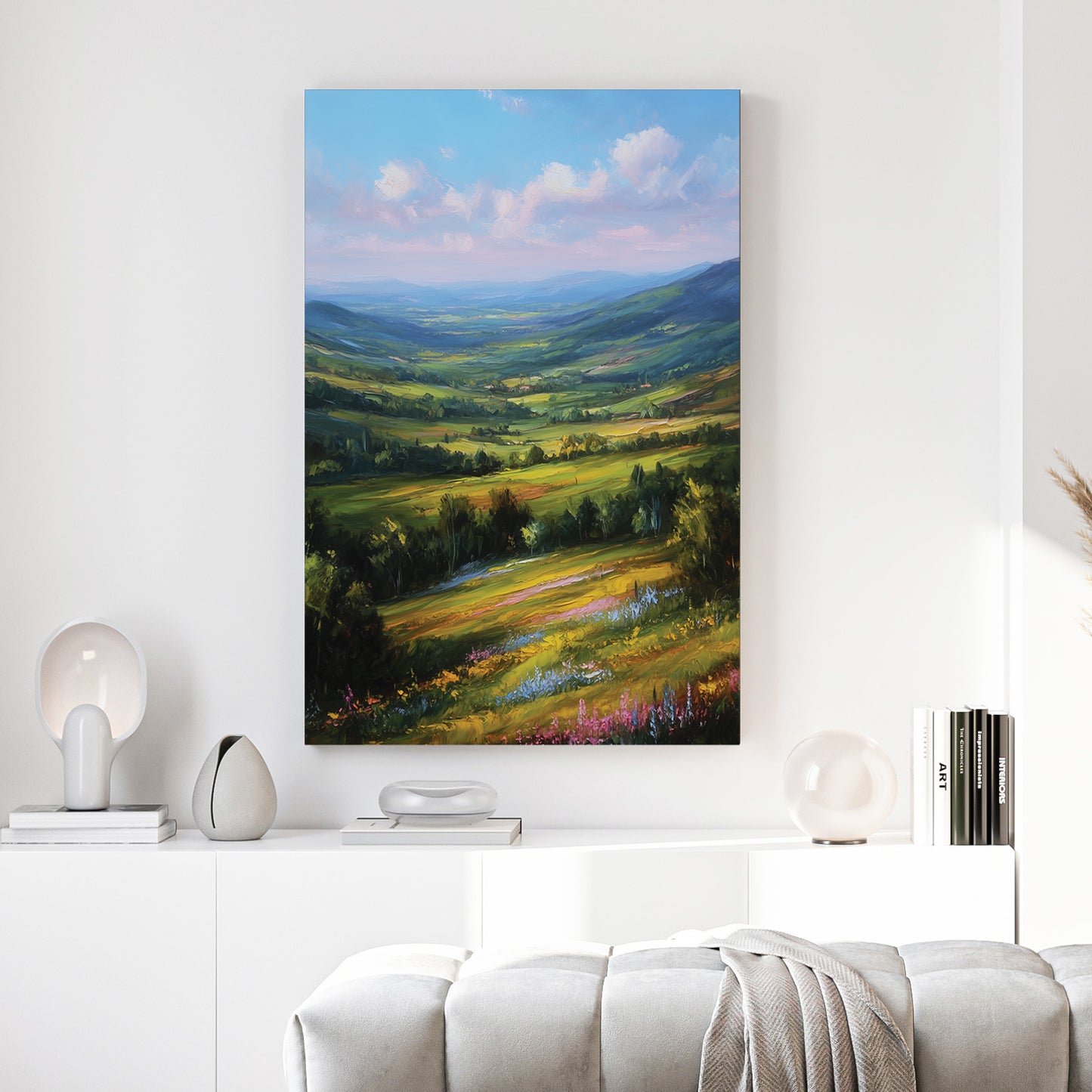 Green Rolling Hills Wildflower Meadow Painting canvas wall art print above a sofa in a contemporary living room
