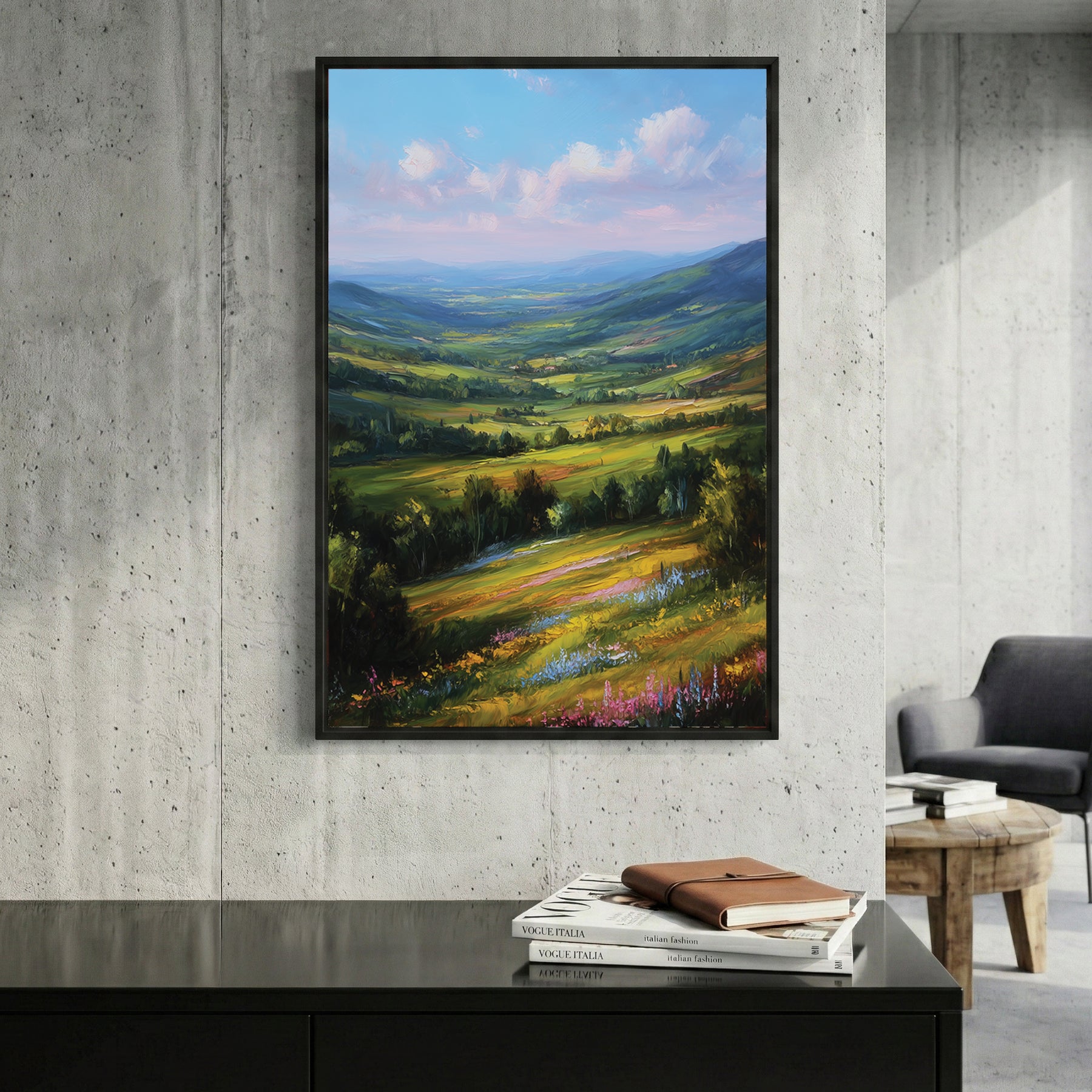 Green Rolling Hills Wildflower Meadow Painting framed canvas wall art print in a gallery-style display