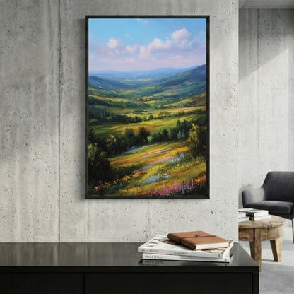 Green Rolling Hills Wildflower Meadow Painting framed canvas wall art print in a gallery-style display