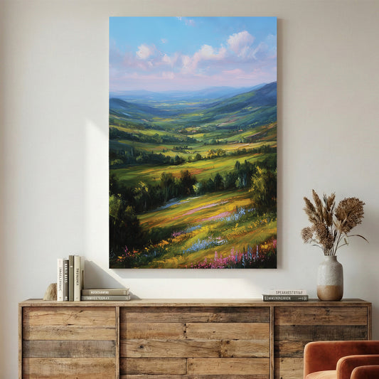 Green Rolling Hills Wildflower Meadow Painting canvas wall art print displayed in a styled living room