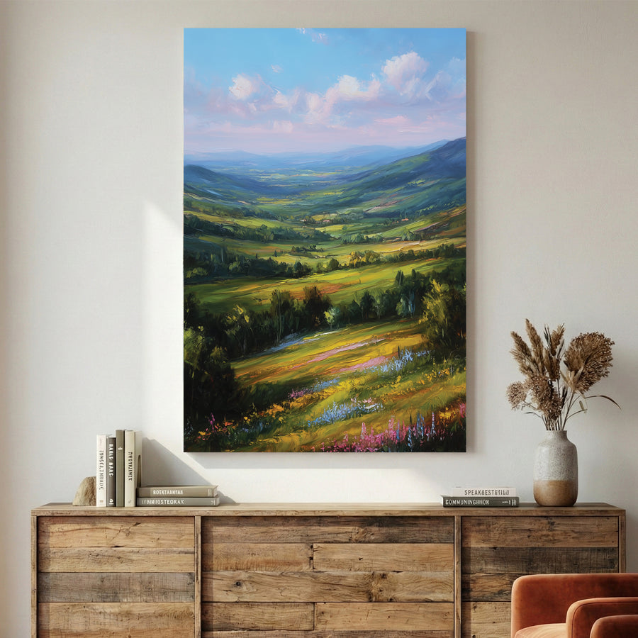 Green Rolling Hills Wildflower Meadow Painting canvas wall art print displayed in a styled living room