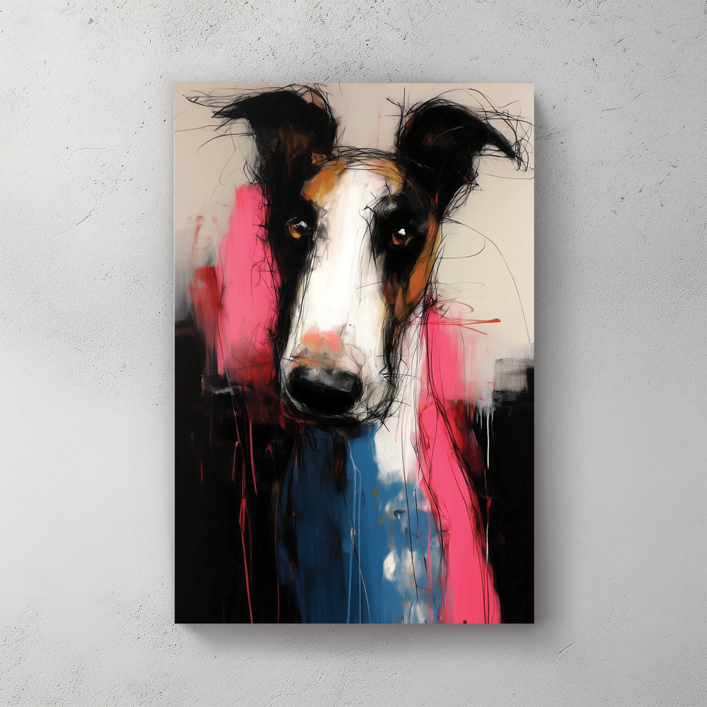 Borzoi dog portrait; expressive brushwork; pink and blue colour blocks; moody background — canvas wall art print