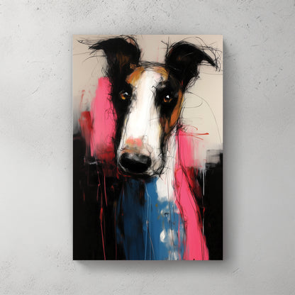 Borzoi dog portrait; expressive brushwork; pink and blue colour blocks; moody background — canvas wall art print