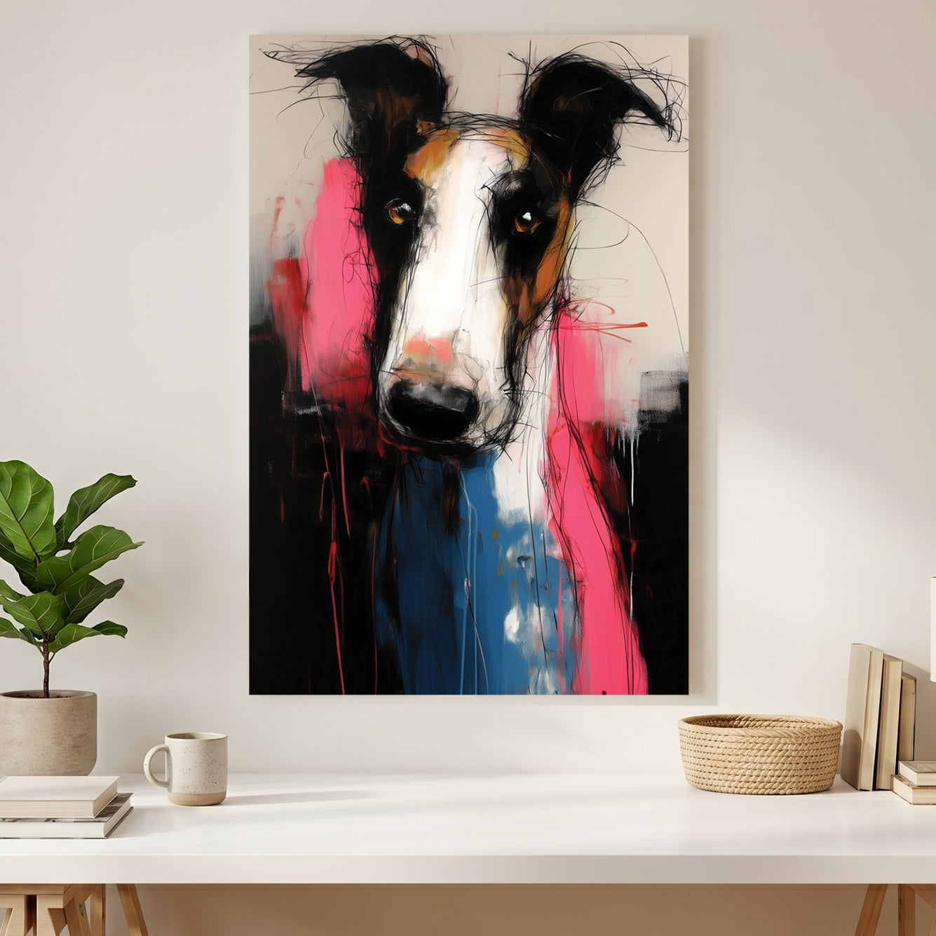 Borzoi Dog Expressive Portrait Painting canvas wall art print styled in a modern interior