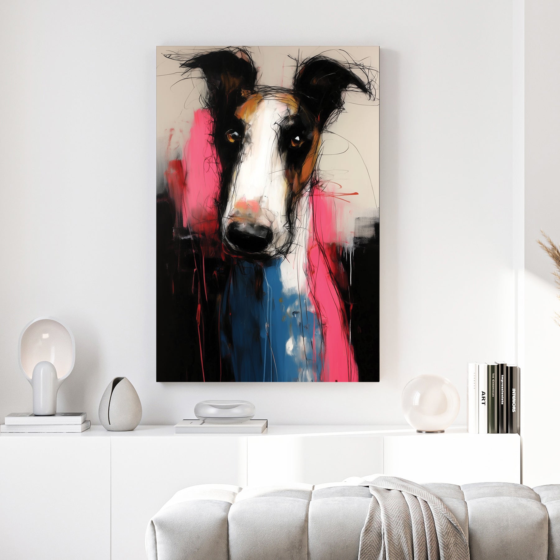Borzoi Dog Expressive Portrait Painting canvas wall art print above a sofa in a contemporary living room