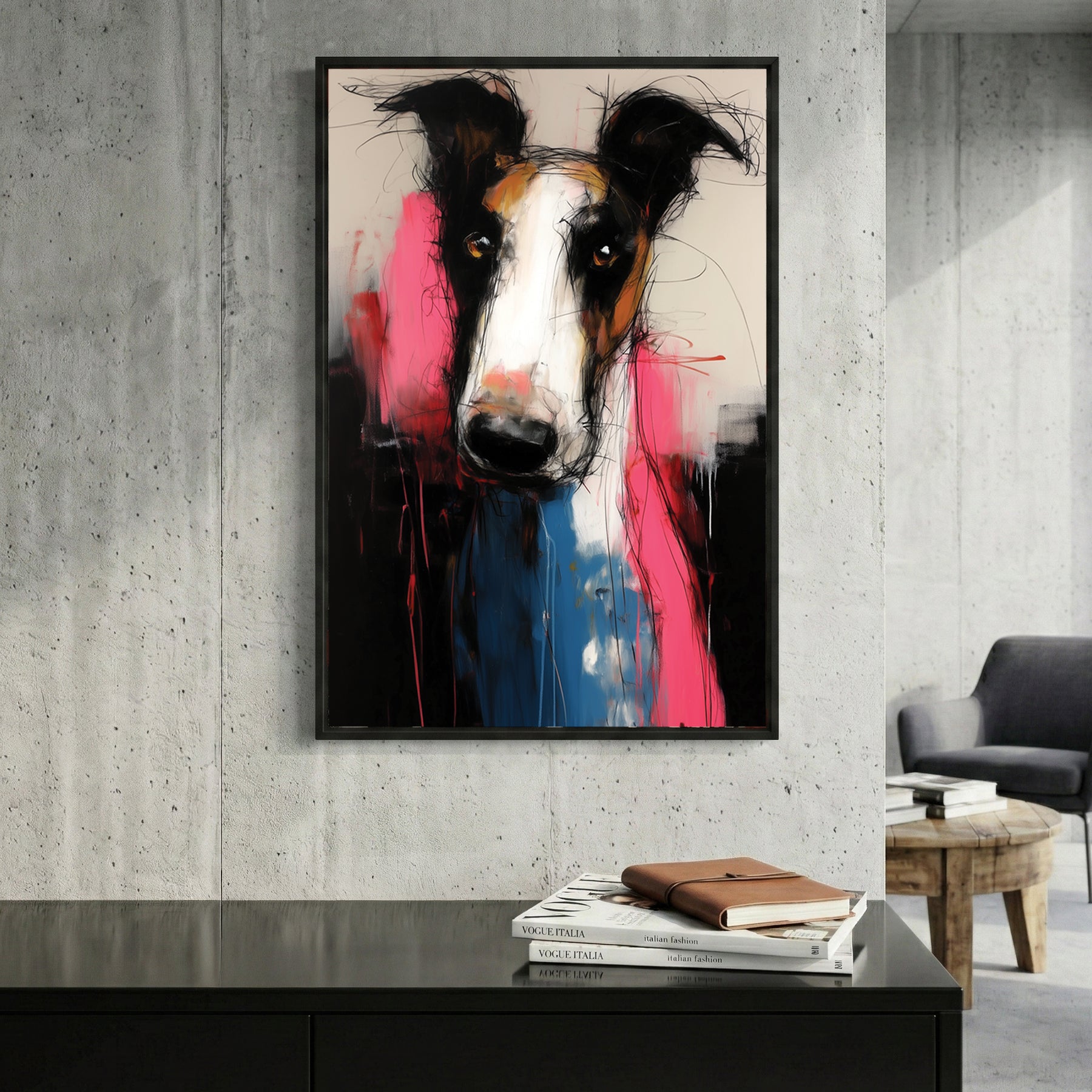 Borzoi Dog Expressive Portrait Painting framed canvas wall art print in a gallery-style display