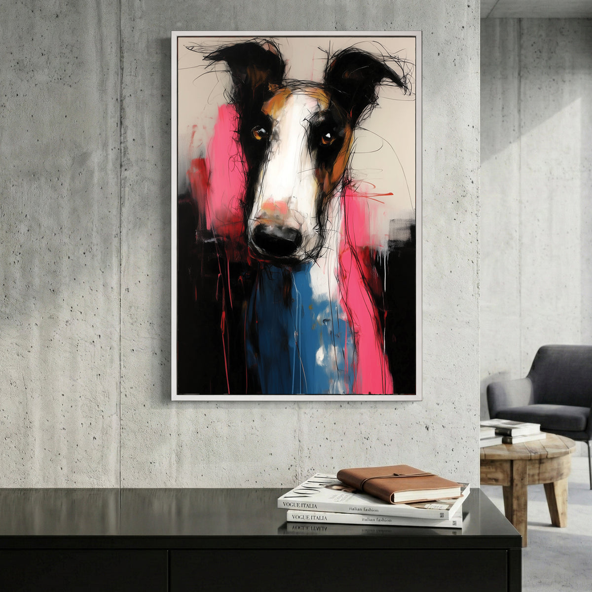 Borzoi Dog Expressive Portrait Painting canvas wall art print displayed in a styled living room