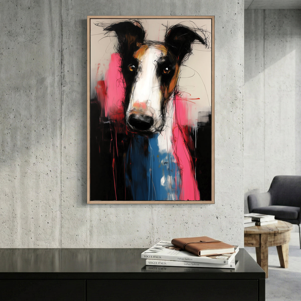 Borzoi Dog Expressive Portrait Painting canvas wall art print displayed in a styled living room