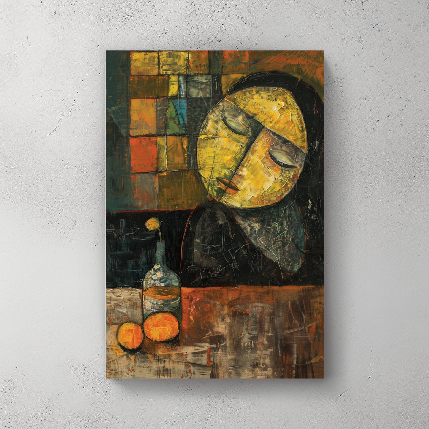 Sleeping woman head down on table, oranges, bottle, cubist style, warm tones, painterly — canvas wall art print