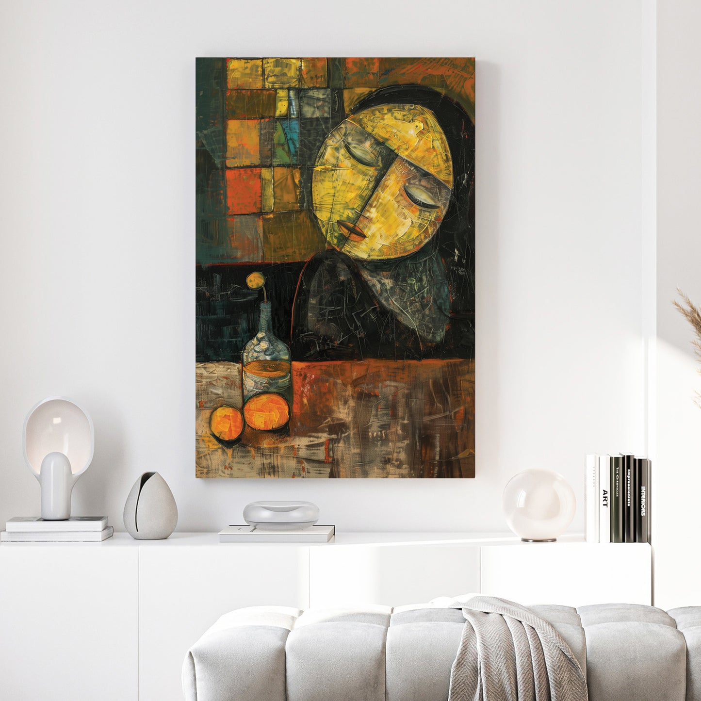 Sleeping Woman Oranges Cubist Painting canvas wall art print above a sofa in a contemporary living room