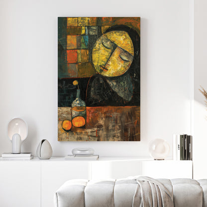 Sleeping Woman Oranges Cubist Painting canvas wall art print above a sofa in a contemporary living room
