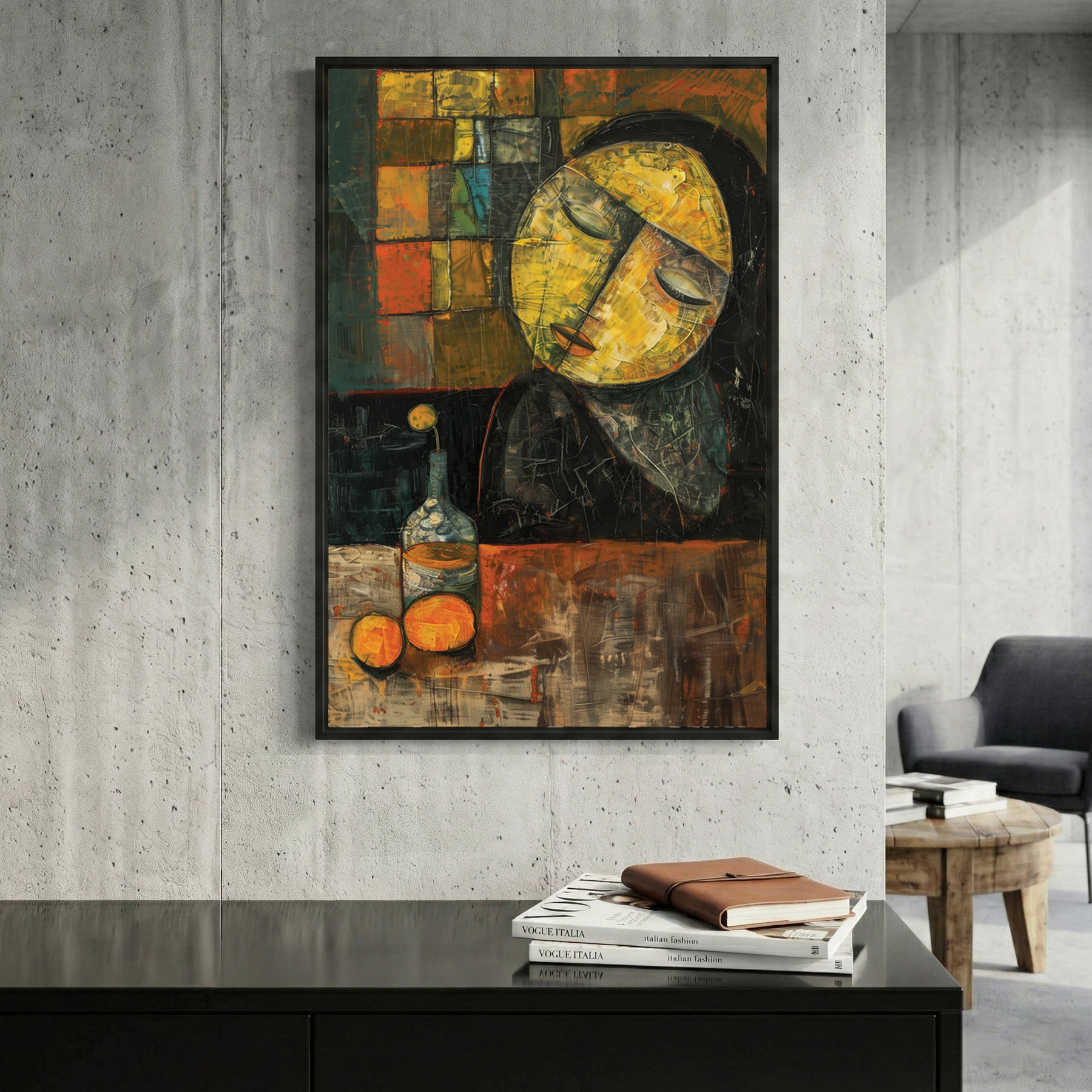 Sleeping Woman Oranges Cubist Painting framed canvas wall art print in a gallery-style display