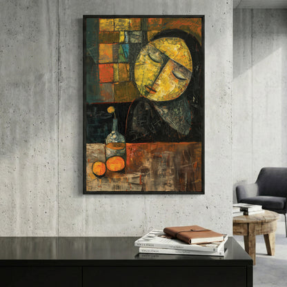 Sleeping Woman Oranges Cubist Painting framed canvas wall art print in a gallery-style display