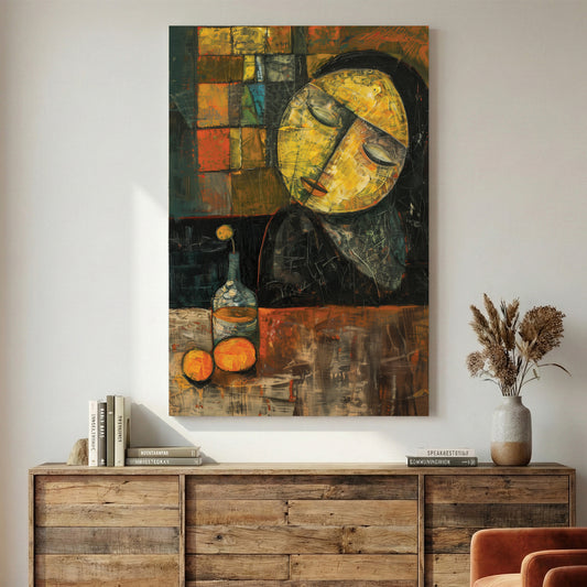 Sleeping Woman Oranges Cubist Painting canvas wall art print displayed in a styled living room