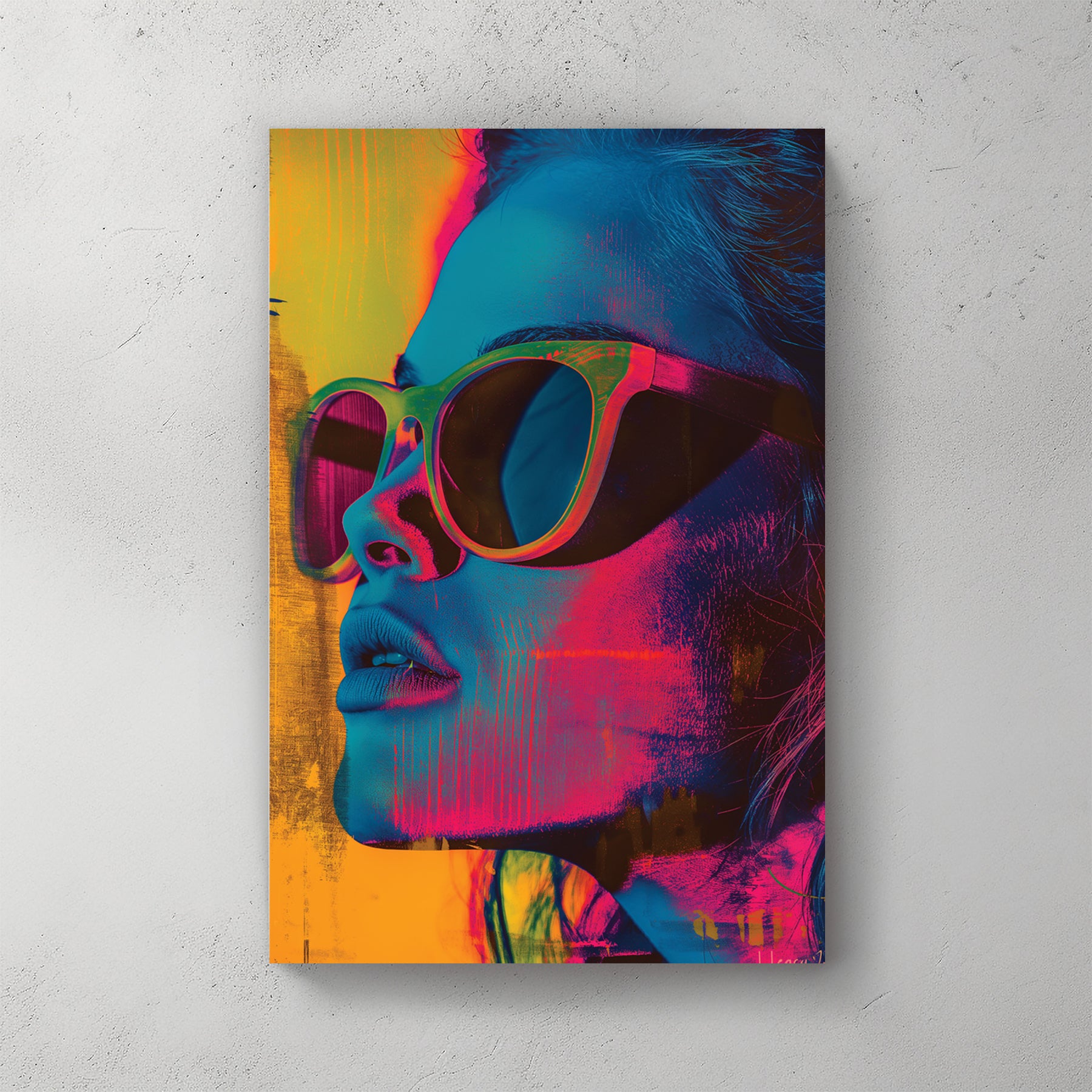 Neon pop art woman wearing sunglasses, profile view, hot pink magenta yellow teal palette, halftone texture — canvas wall art print