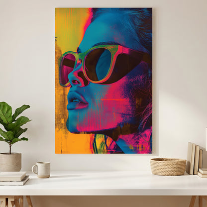Neon Pop Art Woman Sunglasses canvas wall art print styled in a modern interior