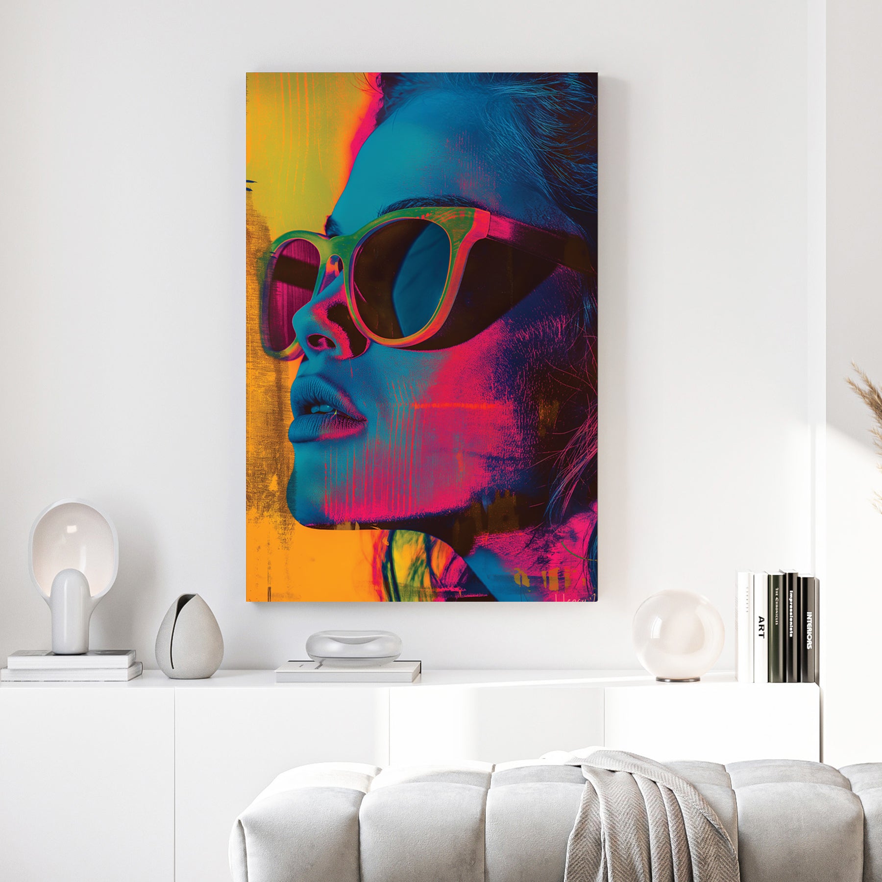 Neon Pop Art Woman Sunglasses canvas wall art print above a sofa in a contemporary living room