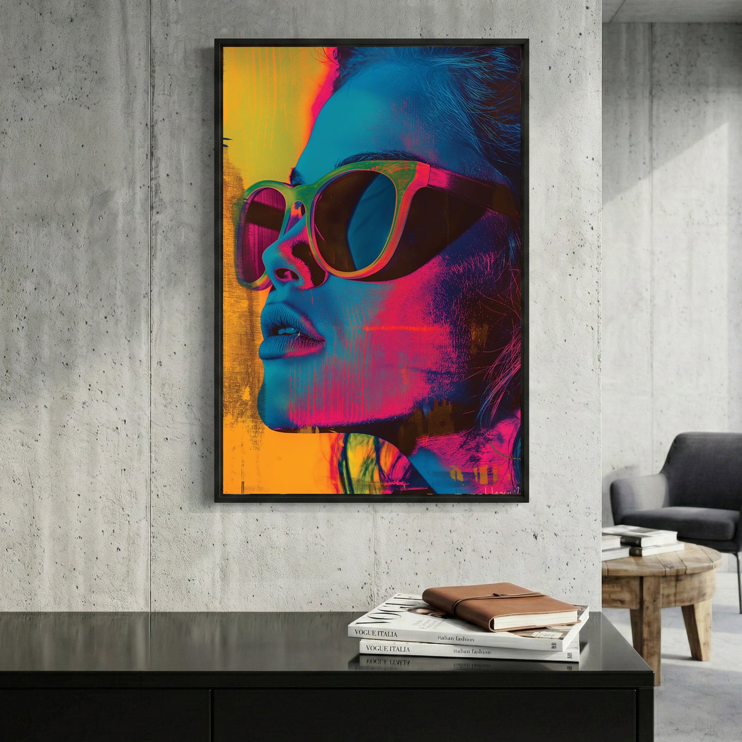 Neon Pop Art Woman Sunglasses framed canvas wall art print in a gallery-style display