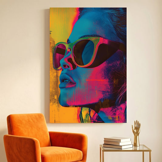 Neon Pop Art Woman Sunglasses canvas wall art print displayed in a styled living room
