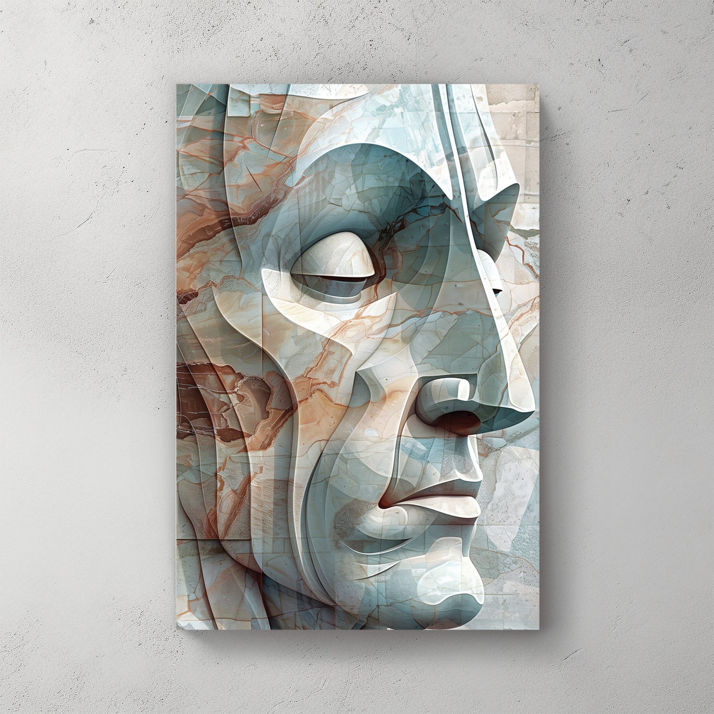 Abstract geometric face in profile, fractured cubist-style planes in dusty blue, terracotta, grey — canvas wall art print