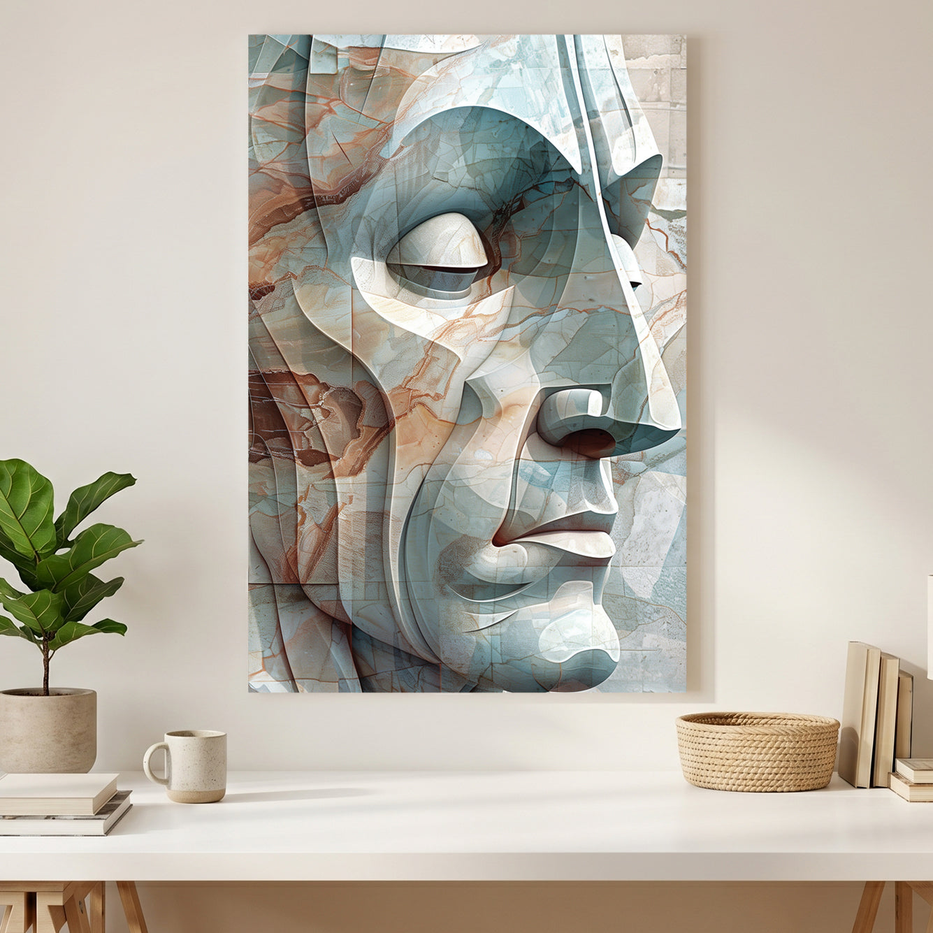 Abstract Geometric Face canvas wall art print styled in a modern interior