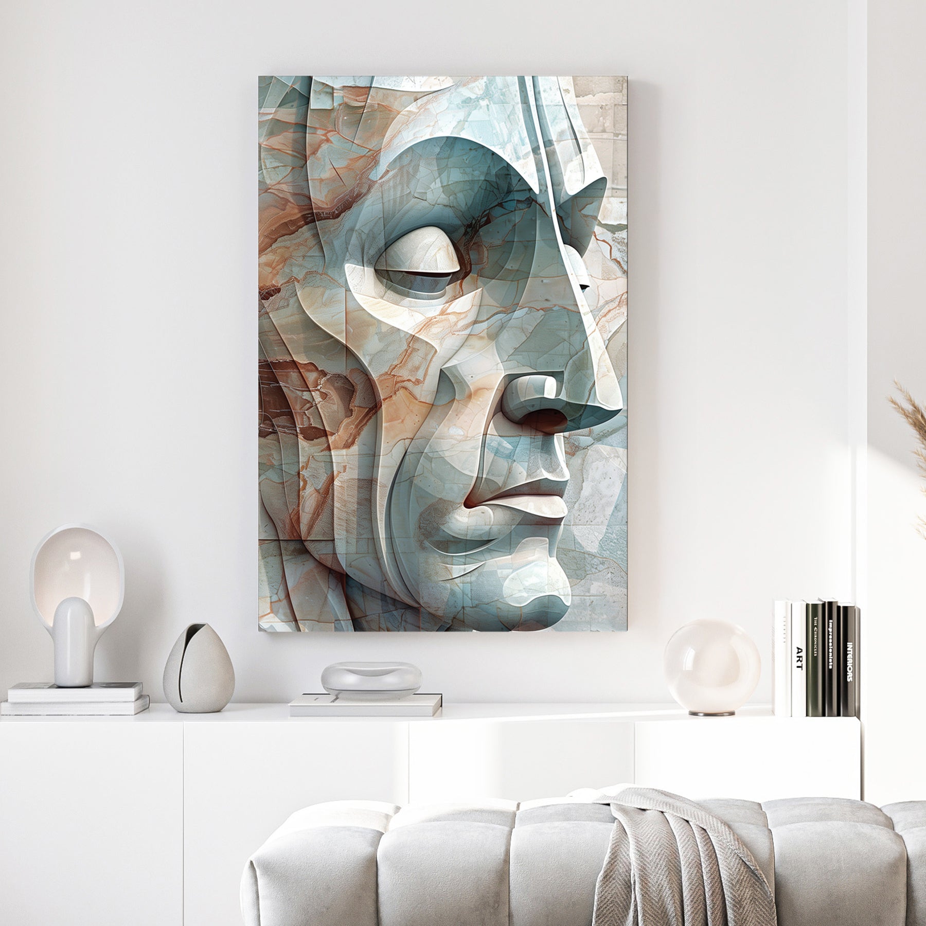 Abstract Geometric Face canvas wall art print above a sofa in a contemporary living room