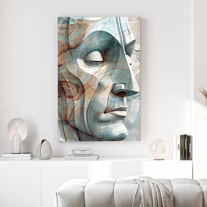 Abstract Geometric Face canvas wall art print above a sofa in a contemporary living room